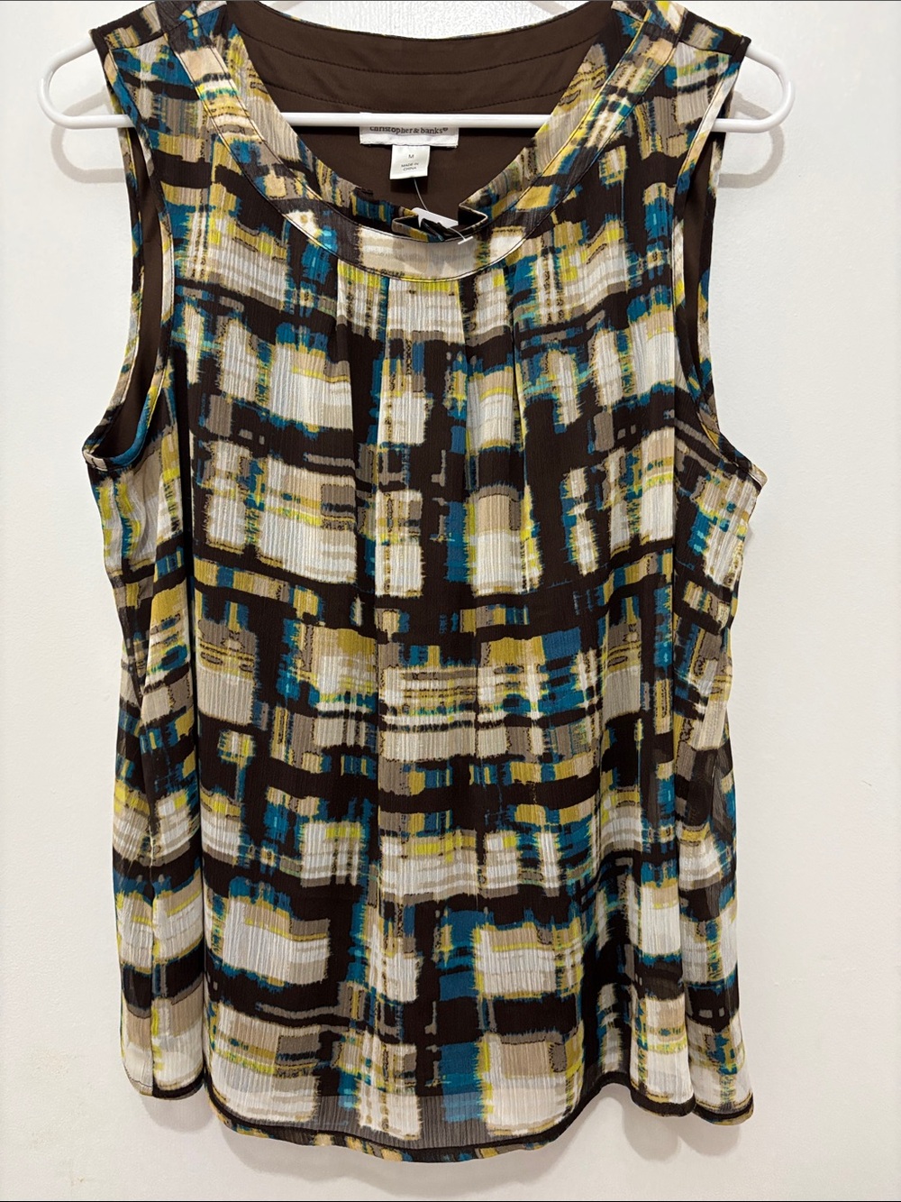 “NEW”Coldwater Creek Brown, Teal & Cream Sleeveless Blouse Sz M